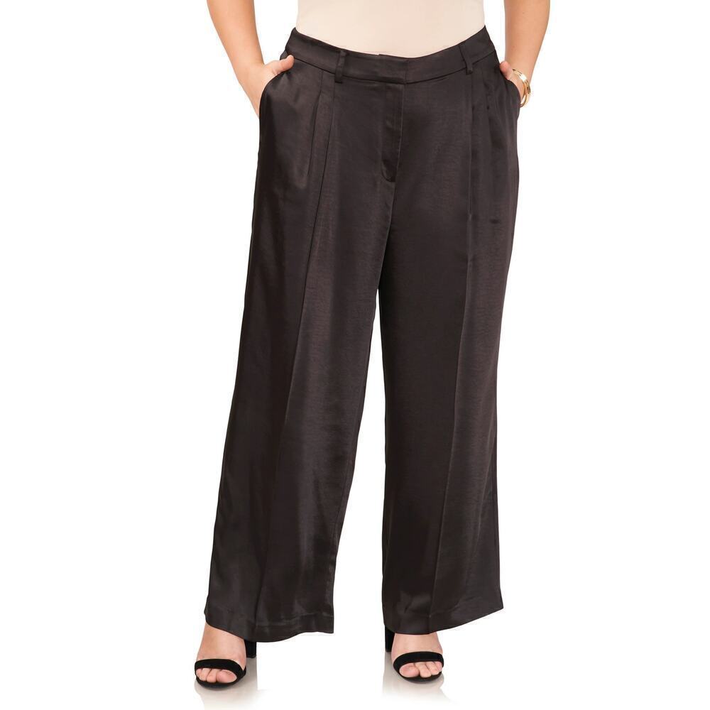 Vince Camuto Pants Pleated Wide Leg High Rise Flowy Satin Trousers Rich Black 14